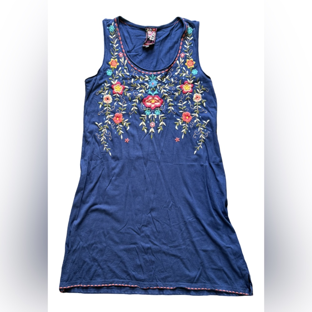 Johnny Was Dress Blue Floral Embroidered Cotton Jersey Sleeveless Tank Small S